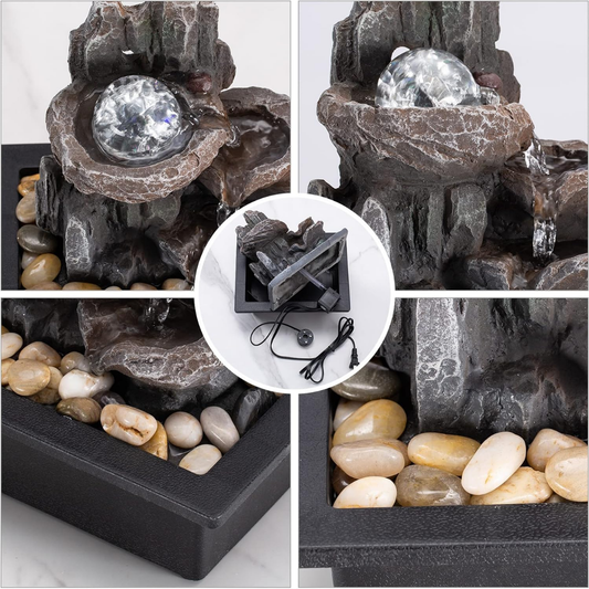 Finn – Dekorativer Zimmerbrunnen mit LED-Lichtkugel und Felsen-Design